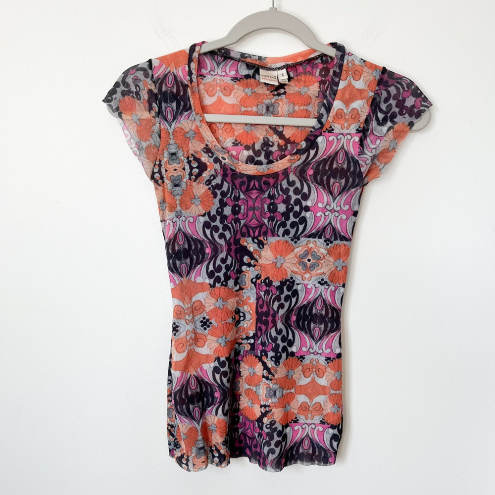 Sweet Pea Stacy Frati Y2K Mesh Floral Orange SS Top Boho 90s Small Phoebe